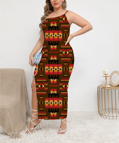 GB-NAT00046-08 Brown Native Tribes Oblique-Shoulder Exposure Dress With Side Split