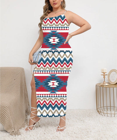 DSS0004 Pattern Native Oblique-Shoulder Exposure Dress With Side Split