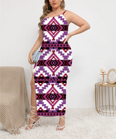 DSS0005 Pattern Native Oblique-Shoulder Exposure Dress With Side Split