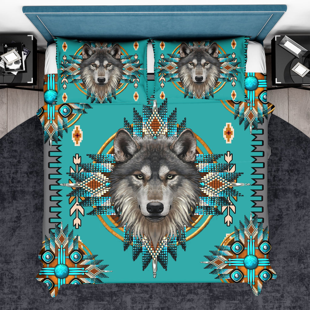 BDS-00030 Turquoise Tribe Wolf  Bedding Set