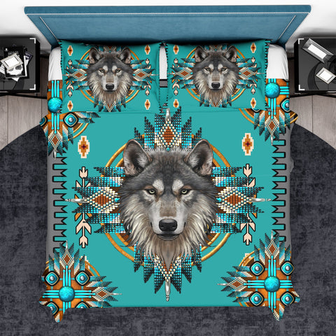 BDS-00030 Turquoise Tribe Wolf  Bedding Set