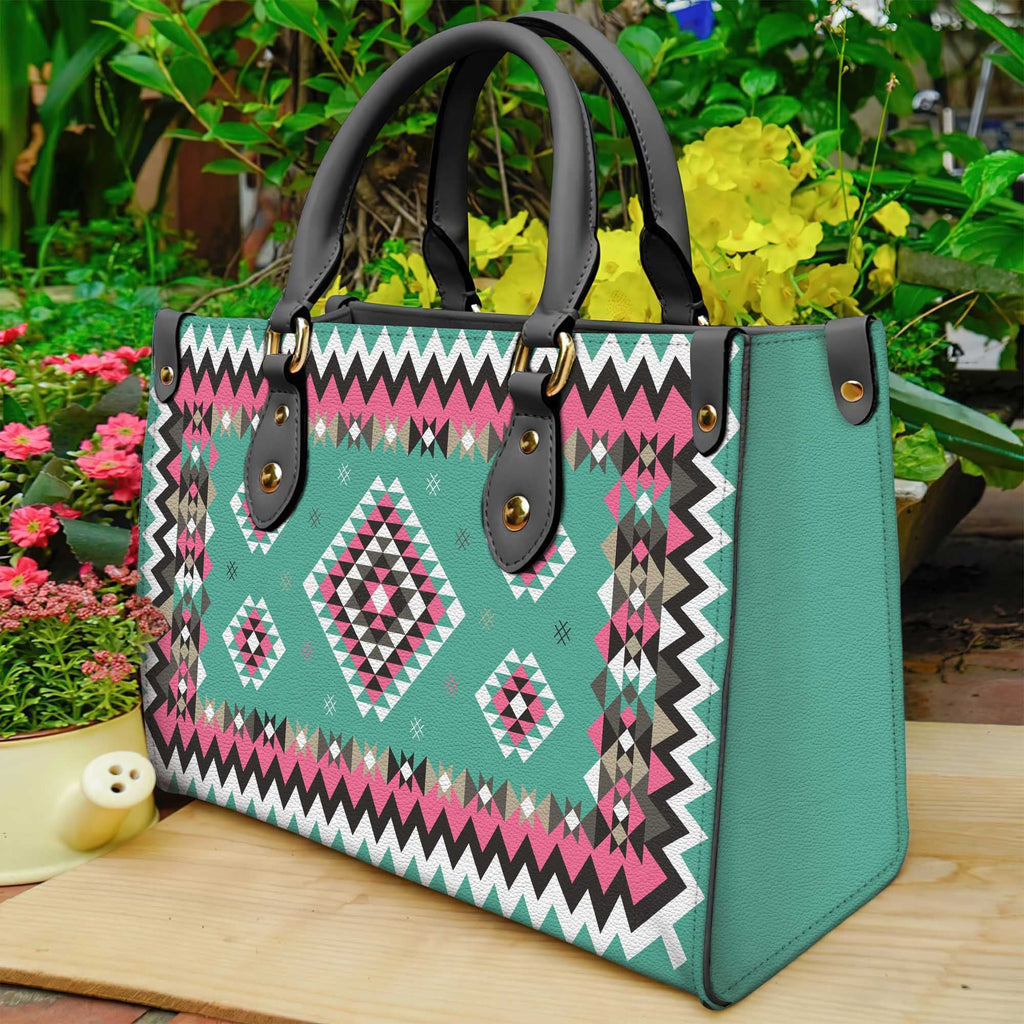 GB-NAT00415-03 Ethnic Geometric Pink Pattern Leather Bag
