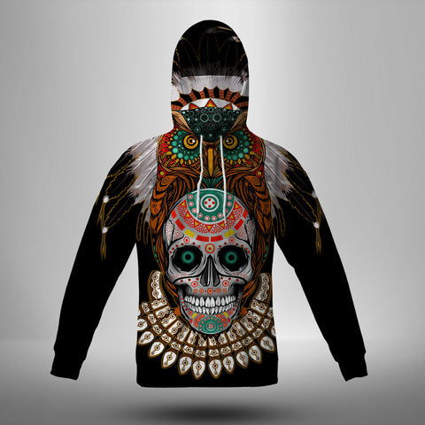GB-NAT00328 Warrior Of Indian Skull 3D Hoodie With Mask