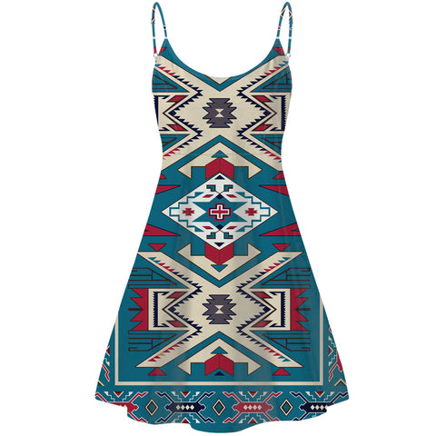 GB-NAT0003 Blue Pink Pattern Native American Strings Dress
