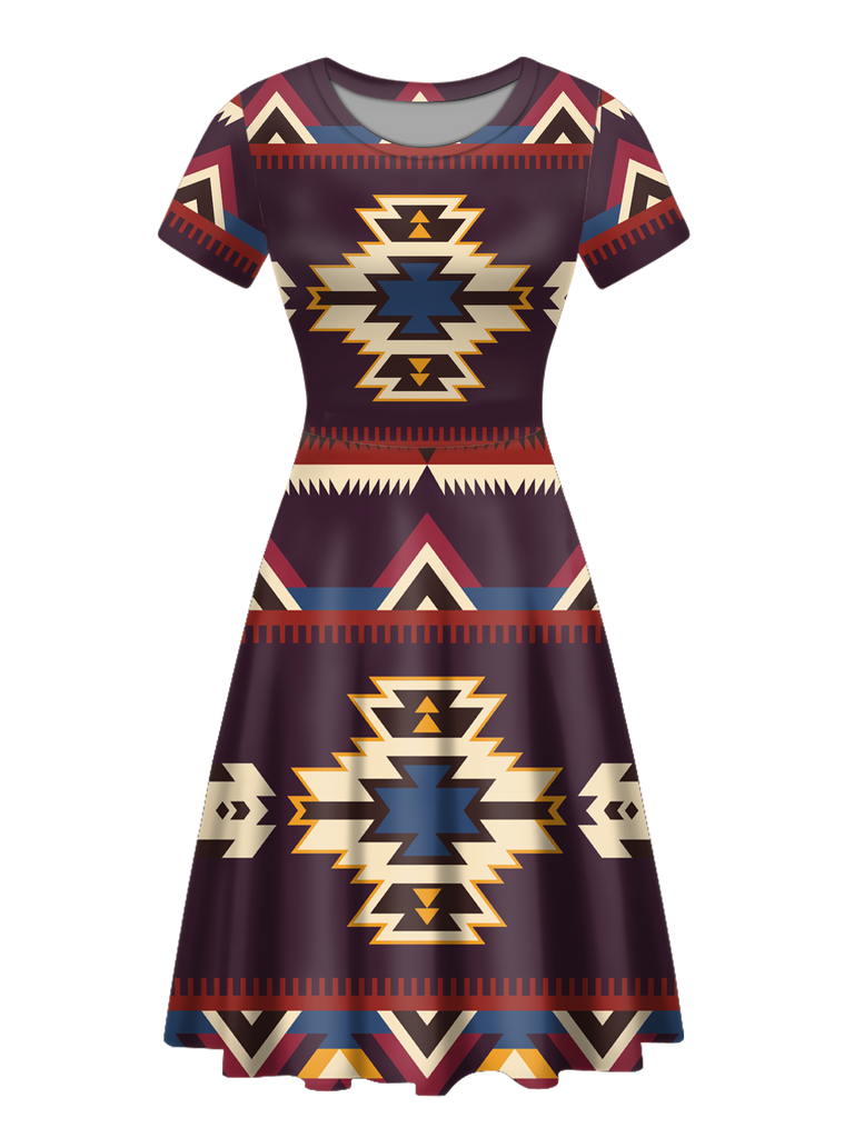 GB-NAT00736 Native Tribes Pattern Round Neck Dress