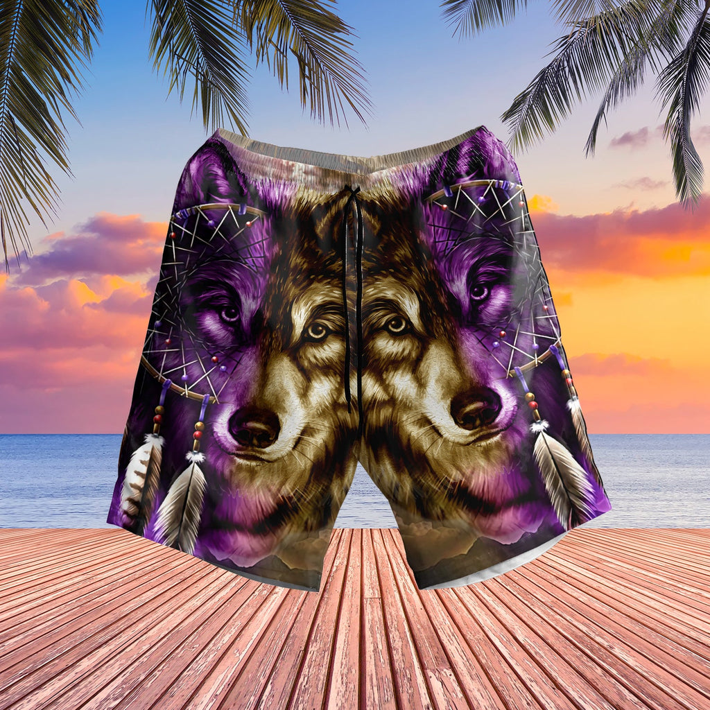 GB-NAT0005 Dreamcatcher Purple Wolf  Hawaiian Shorts