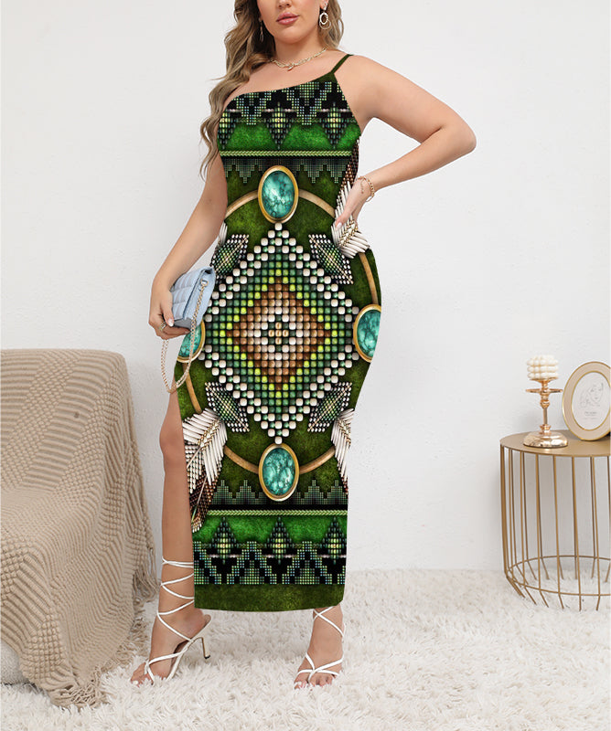 GB-NAT00023 Naumaddic Arts Green Oblique-Shoulder Exposure Dress With Side Split