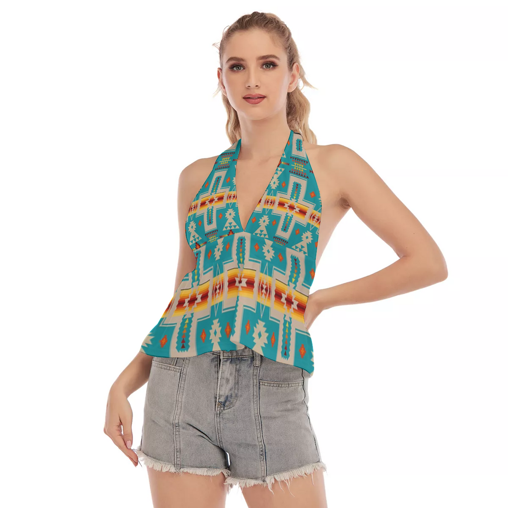 GB-NAT00062-05 Turquoise Tribe Design Native  Hollow Crop Top