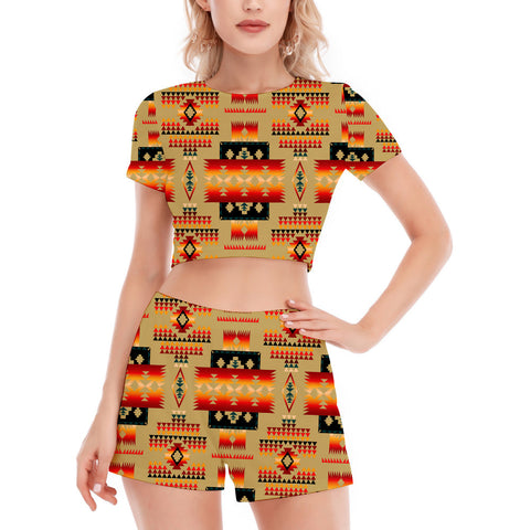 GB-NAT00046-15 Pattern Native Women's Short Sleeve Cropped Top Shorts Suit