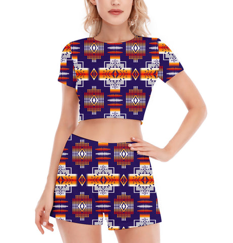 GB-NAT0004-01 Pattern Native Women's Short Sleeve Cropped Top Shorts Suit