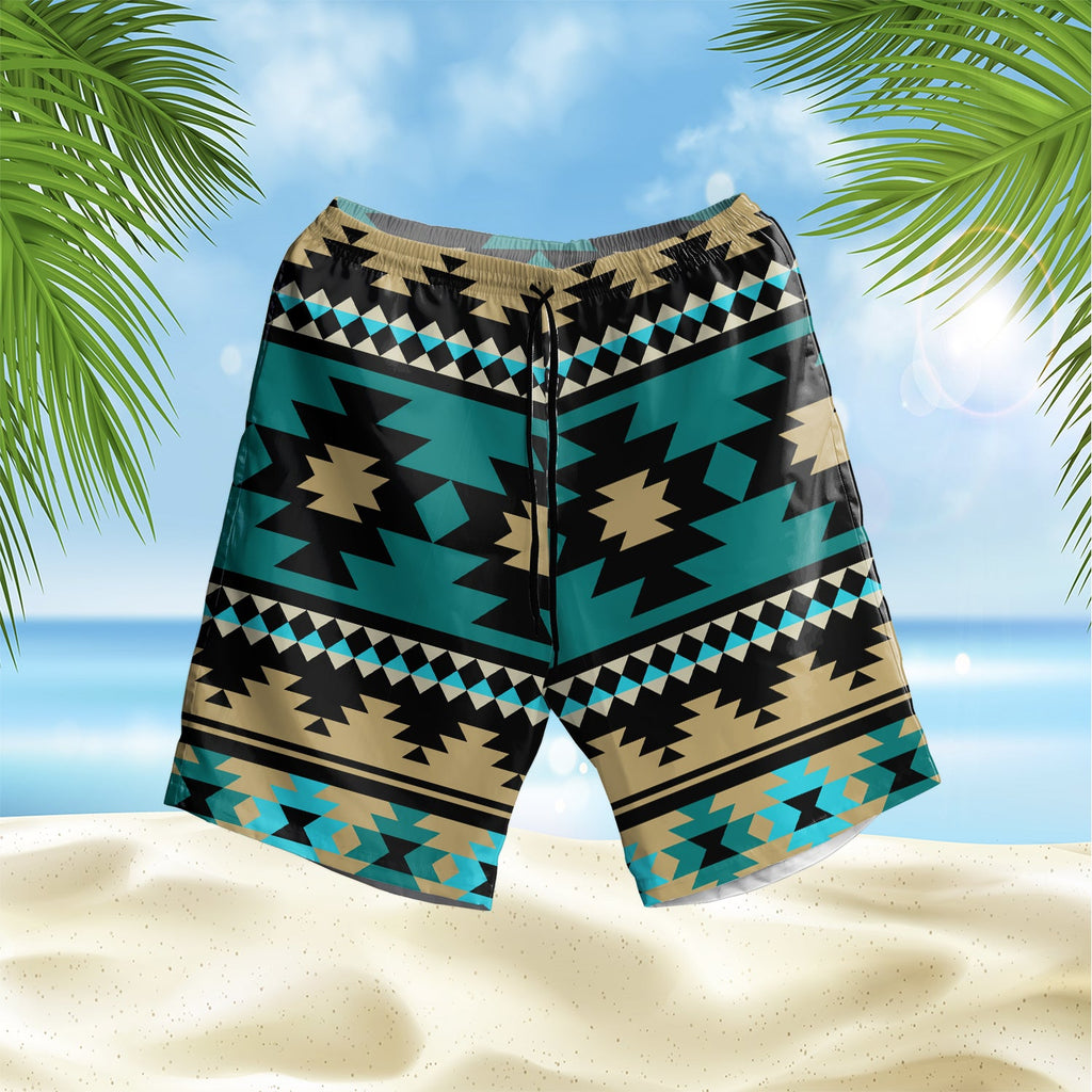 GB-NAT00509 Green Ethnic Aztec Pattern Hawaiian Shorts