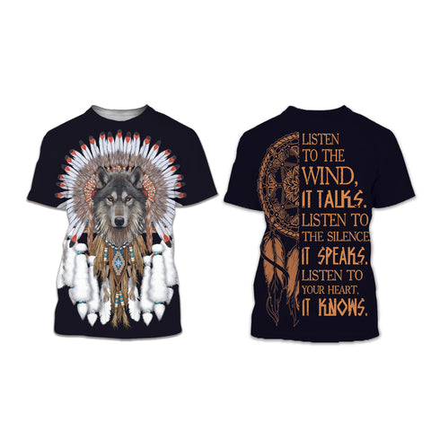 GB-NAT00446 Wolf With Feather Headdress 3D T-Shirt