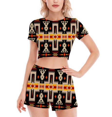 GB-NAT00062-01 Pattern Native Women's Short Sleeve Cropped Top Shorts Suit