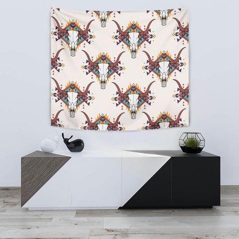 Bison Skull Native American Design Tapestry - ProudThunderbird