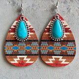 Aztec Pattern Wood Turquoise Teardrop Earrings for Women