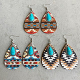 Aztec Pattern Wood Turquoise Teardrop Earrings for Women