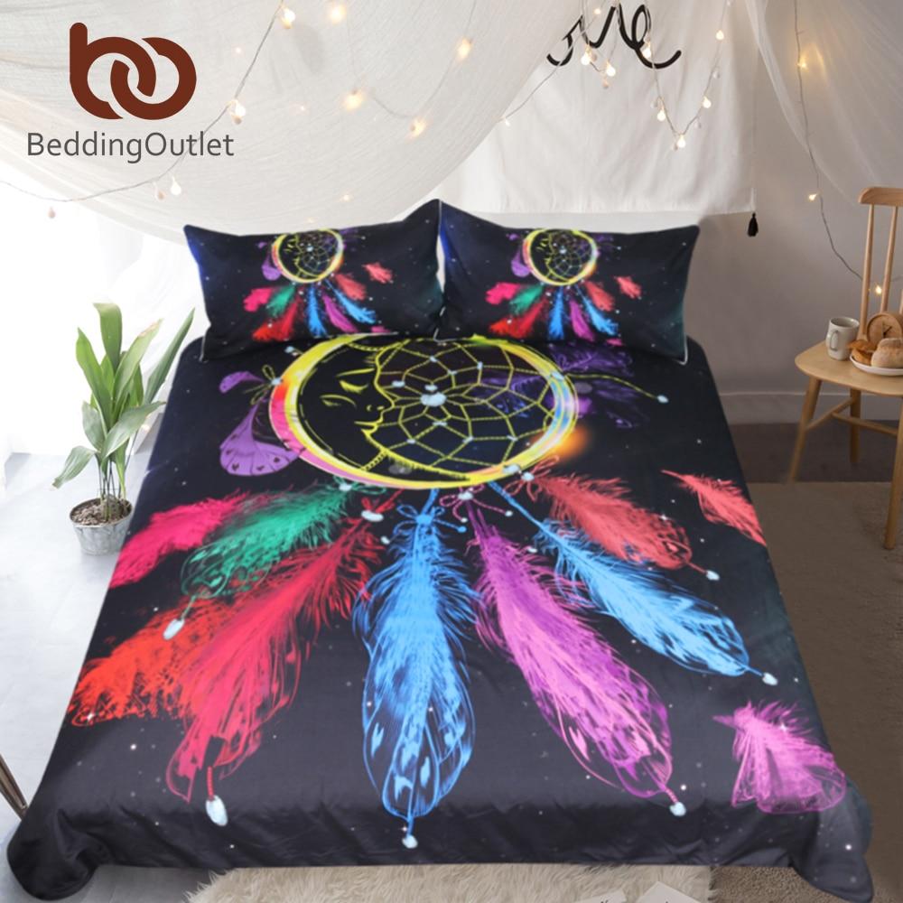 Colorful Feathers Night Moon Dreamcatcher Native American Bedding Set