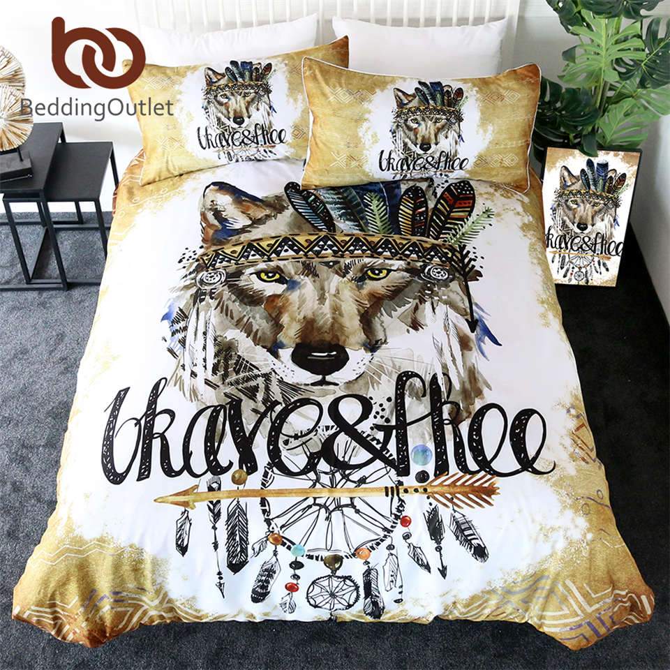 Brown Tribal Wolf Dreamcatcher Native American Bedding Set