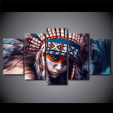 Five Pieces Canvas Painting Native American Indians Girl