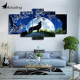 5 Pieces Howling Wolf Blue Moon Cherry Blossoms Night Native American Canvas - ProudThunderbird