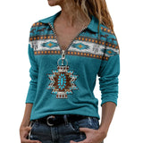 Aztec Ethnic Printing Long-sleeved V-neck Zipper T-shirt Casual Pullover