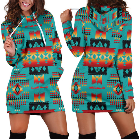 GB-NAT00046-01 Blue Native Tribes Pattern Native American Hoodie Dress