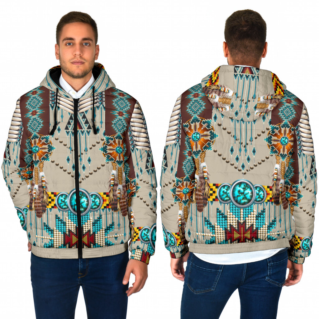 GB-NAT00069 Turquoise Blue Pattern Breastplate  Men's Padded Hooded Jacket