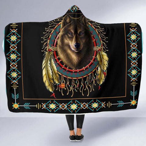 GB-NAT00020-03 Wolf Dreamcatcher Native American Hooded Blanket