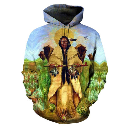 Native American 3D Wakan Tanka And The Great Spirit Bison Pullover Hoodies