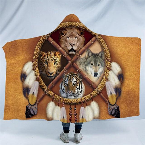 Bear Tiger Wolf Indian Dream Catcher Hooded Blanket Native American Design - ProudThunderbird