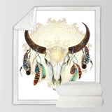 Bison Skull Head Feathers Tribal Throw Blanket Native American Design - ProudThunderbird