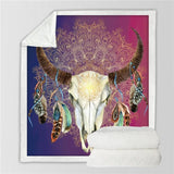 Bison Skull Head Feathers Tribal Throw Blanket Native American Design - ProudThunderbird