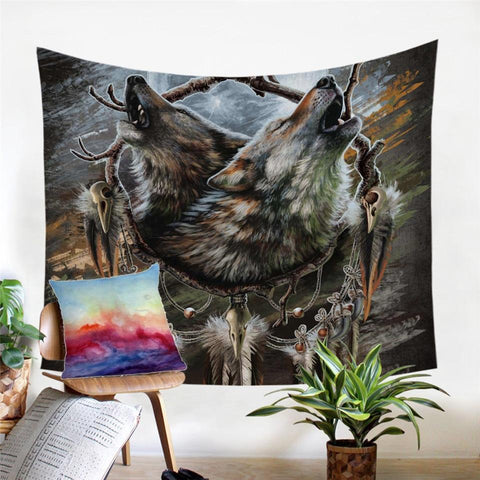 Moons Reflection Wolves Tapestry Native American Design