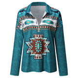Aztec Ethnic Printing Long-sleeved V-neck Zipper T-shirt Casual Pullover